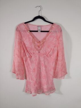 VTG Y2K Fashion Bug Silk Fairycore Boho 3/4 Flare Sleeve Embellished V-Neck Top
